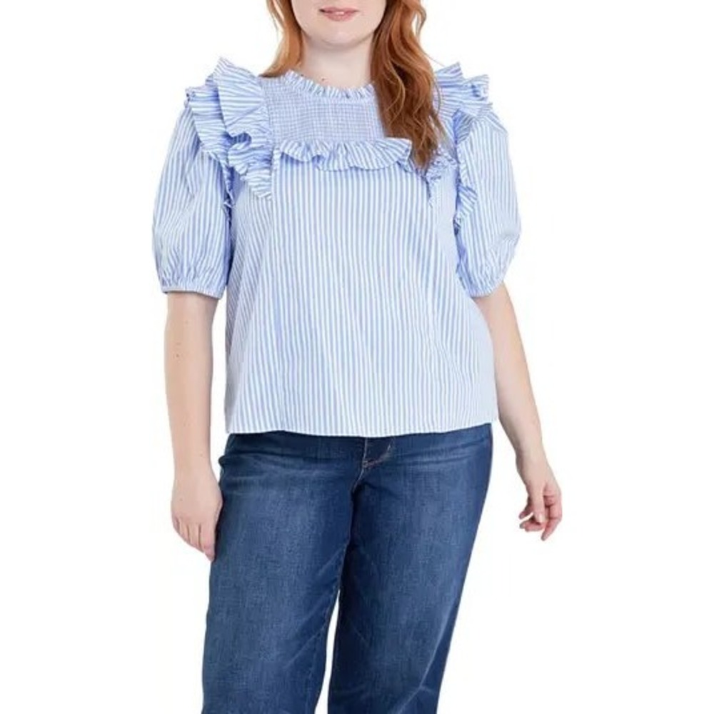 English Factory Blue White Striped Smocked Ruffle Puff Sleeve Top